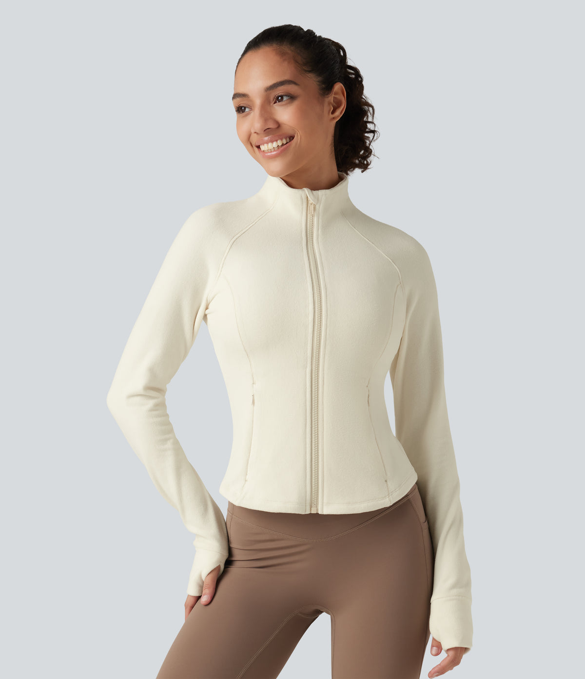 Stand Collar Long Sleeve Workout Jacket with Pockets — Filtered Sun — view 3