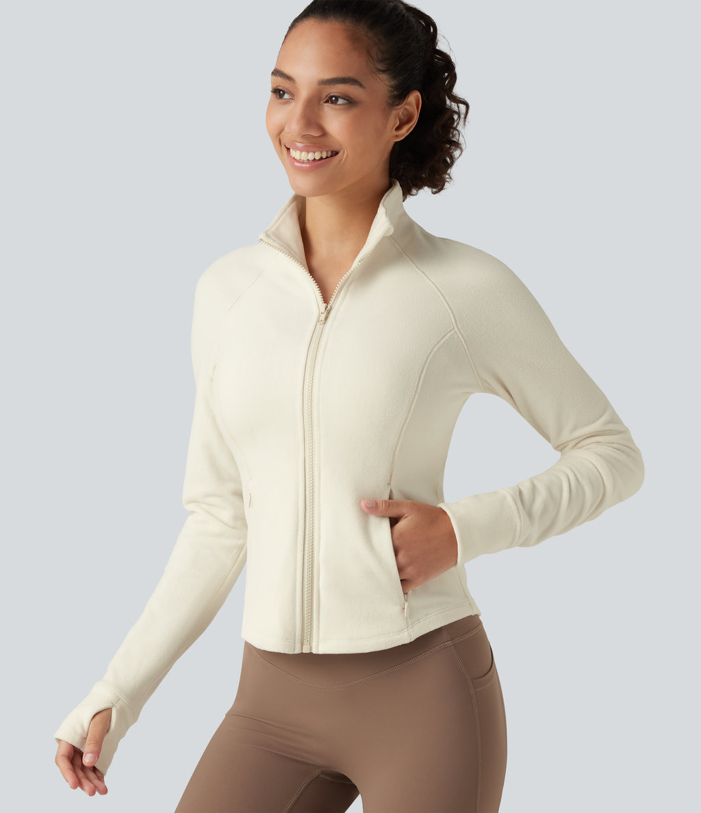 Stand Collar Long Sleeve Workout Jacket with Pockets — Filtered Sun — view 4