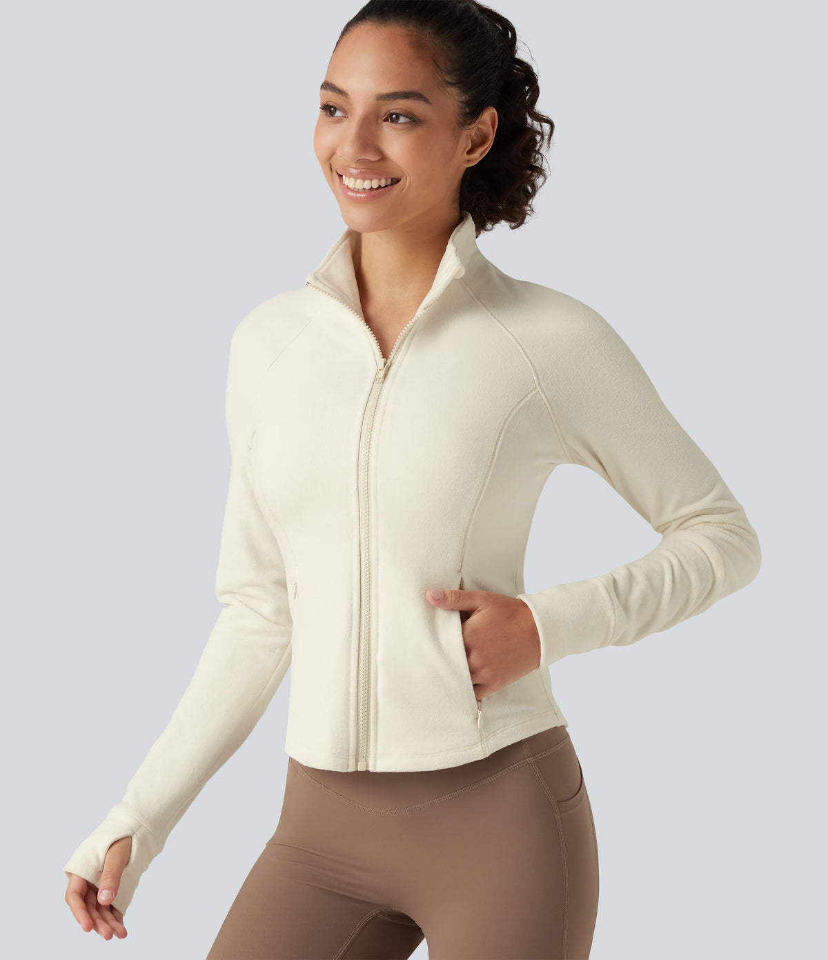 Stand Collar Long Sleeve Workout Jacket with Pockets — Filtered Sun — view 4