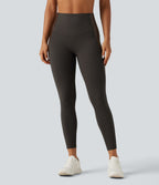 High Waisted Stretchy PU Tummy Control Yoga Leggings with Pocket — Chocolate Torte — view 3