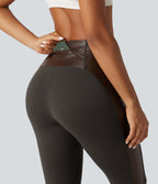 High Waisted Stretchy PU Tummy Control Yoga Leggings with Pocket — Chocolate Torte — view 5