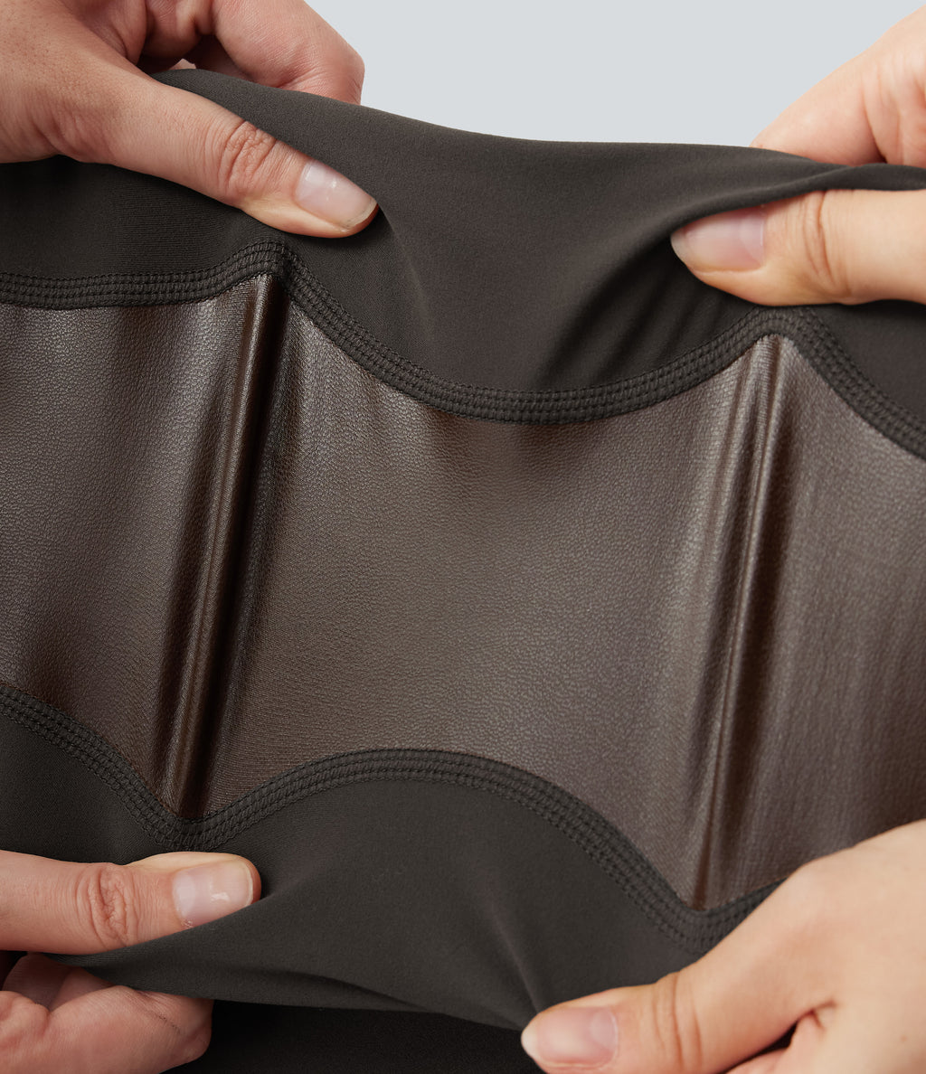 High Waisted Stretchy PU Tummy Control Yoga Leggings with Pocket — Chocolate Torte — view 6