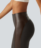 High Waisted Stretchy PU Tummy Control Yoga Leggings with Pocket — Chocolate Torte — view 4
