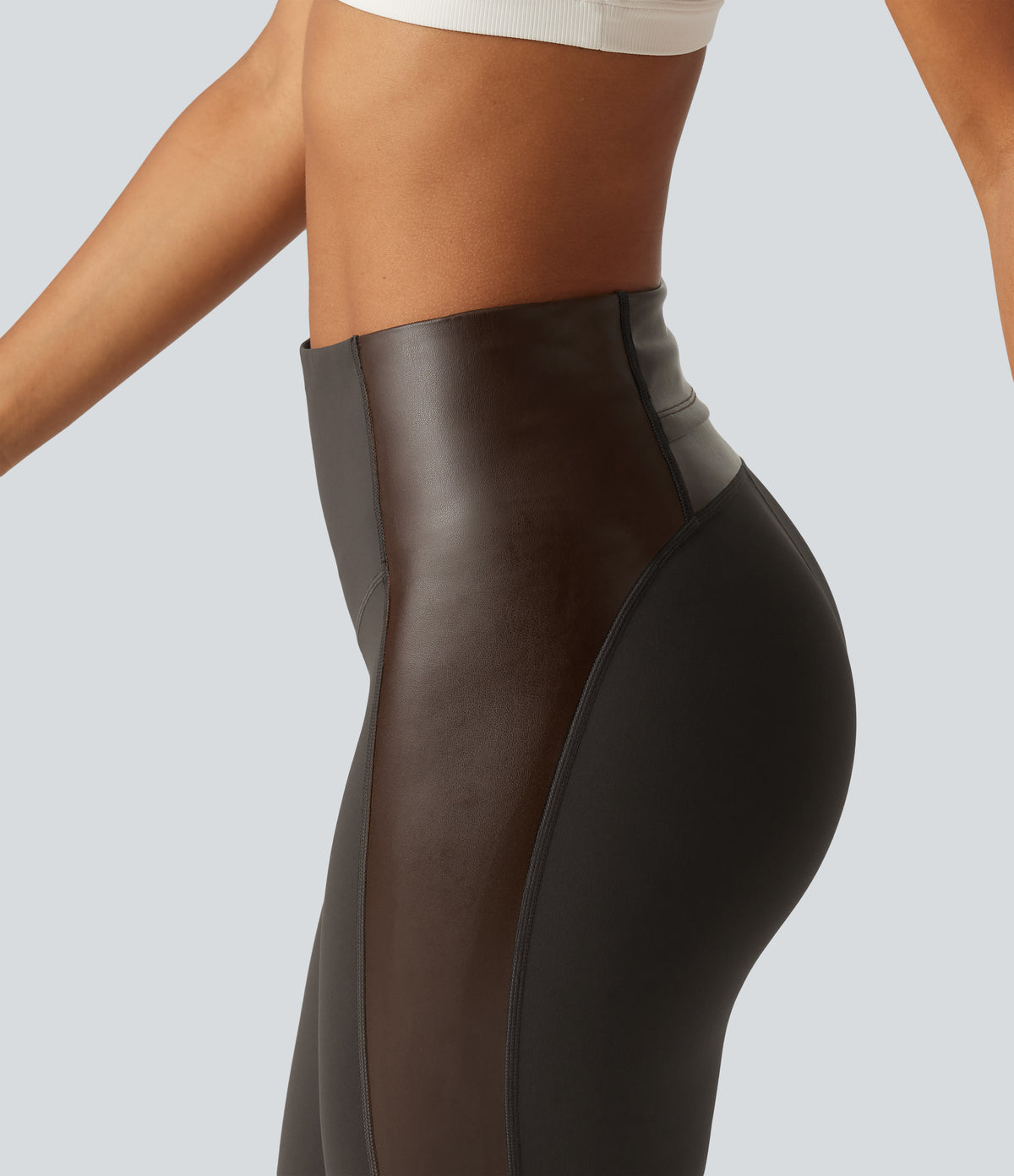 High Waisted Stretchy PU Tummy Control Yoga Leggings with Pocket — Chocolate Torte — view 4