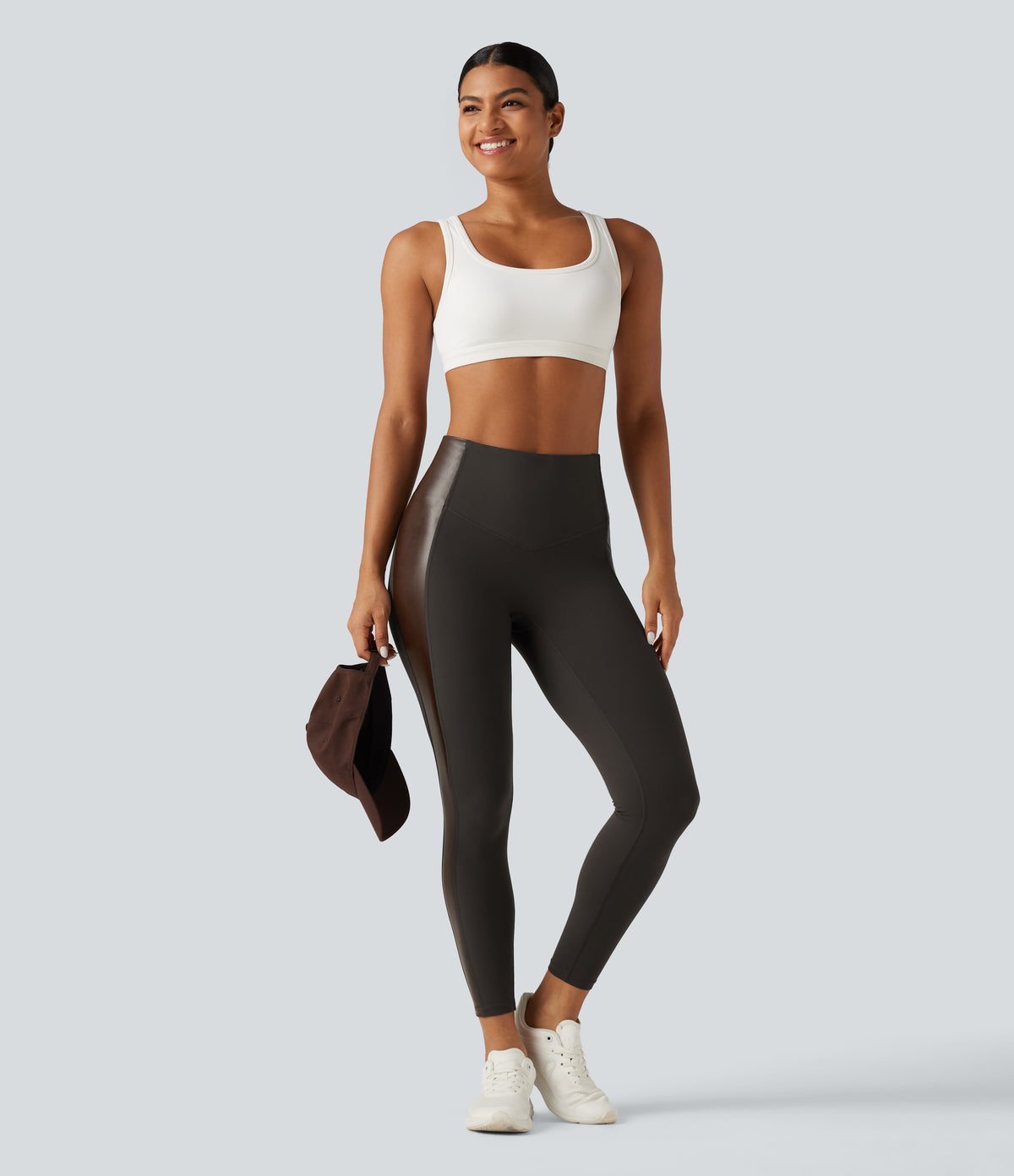 High Waisted Stretchy PU Tummy Control Yoga Leggings with Pocket — Chocolate Torte — view 8