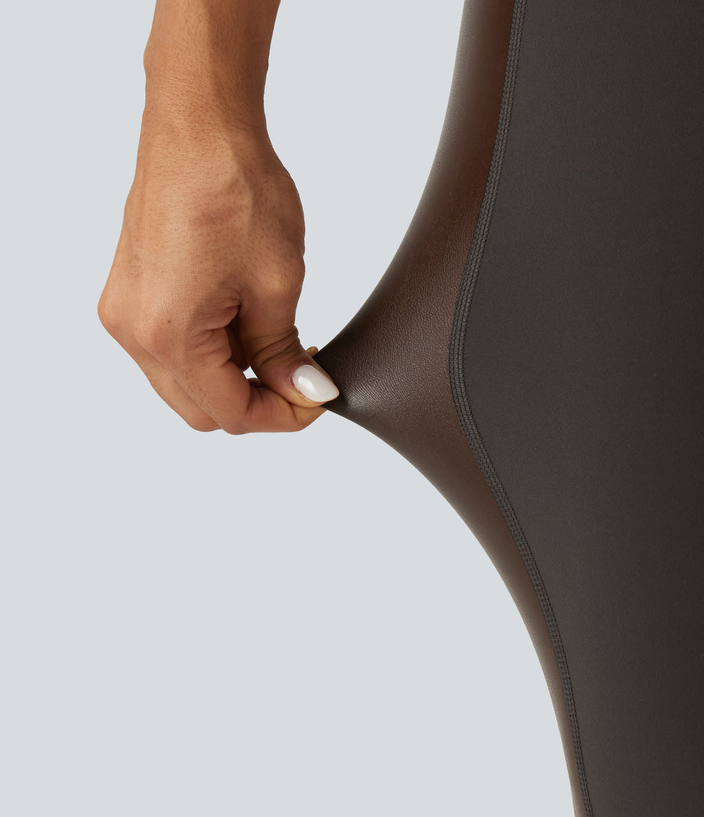High Waisted Stretchy PU Tummy Control Yoga Leggings with Pocket — Chocolate Torte — view 7