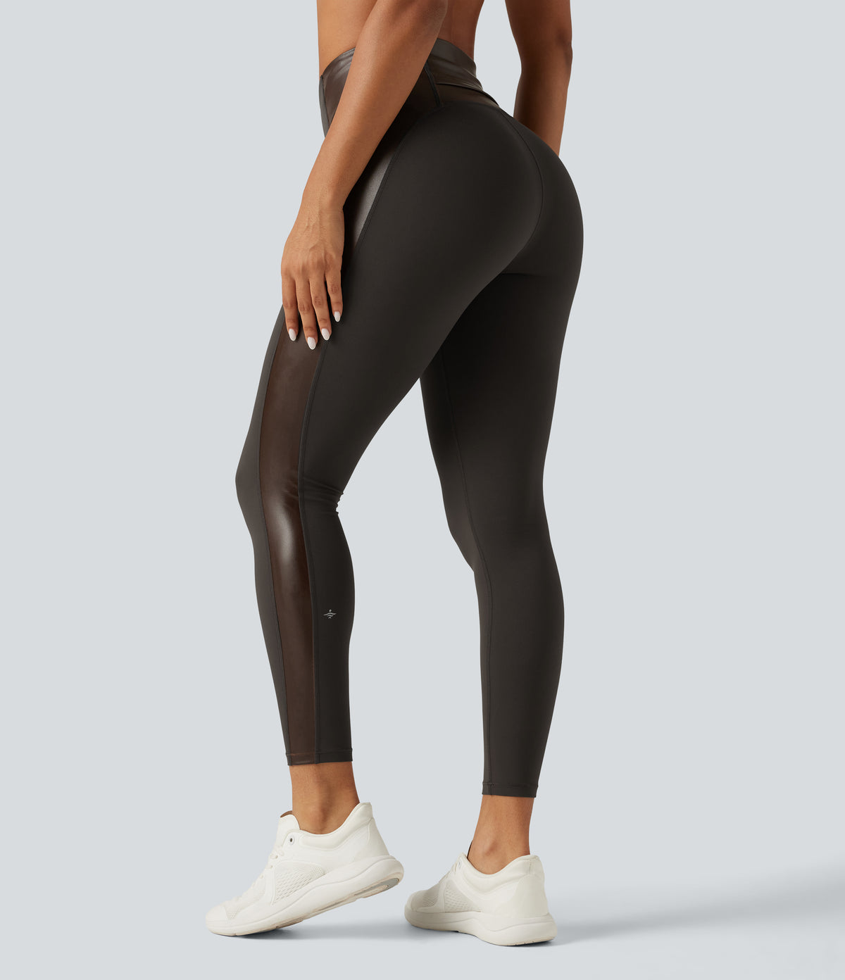 High Waisted Stretchy PU Tummy Control Yoga Leggings with Pocket — Chocolate Torte — view 2