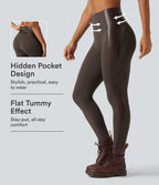 High Waisted Stretchy PU Tummy Control Yoga Leggings with Pocket — Chocolate Torte — view 1