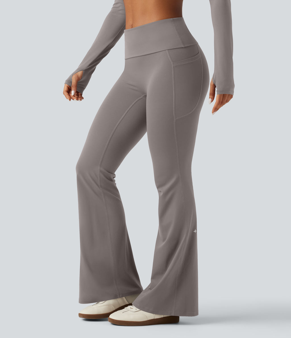 Mid Rise Foldover Flare Yoga Leggings with Pockets — Steel Gray — view 3
