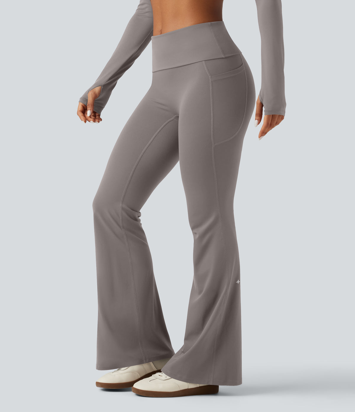Mid Rise Foldover Flare Yoga Leggings with Pockets — Steel Gray — view 3