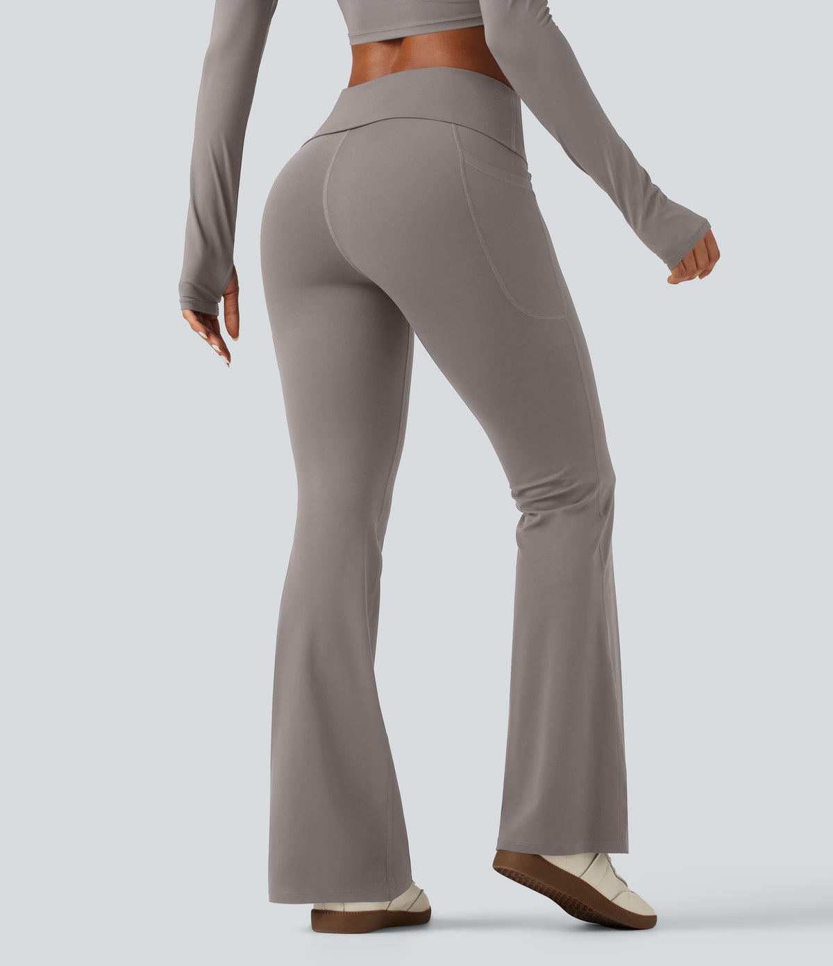 Mid Rise Foldover Flare Yoga Leggings with Pockets — Steel Gray — view 2