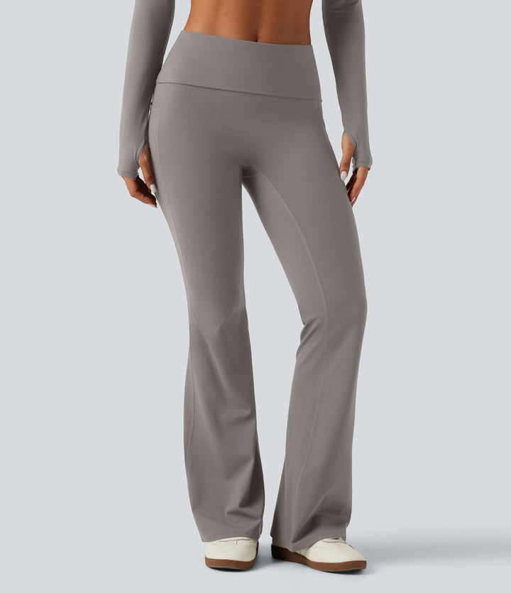 Mid Rise Foldover Flare Yoga Leggings with Pockets — Steel Gray — view 1