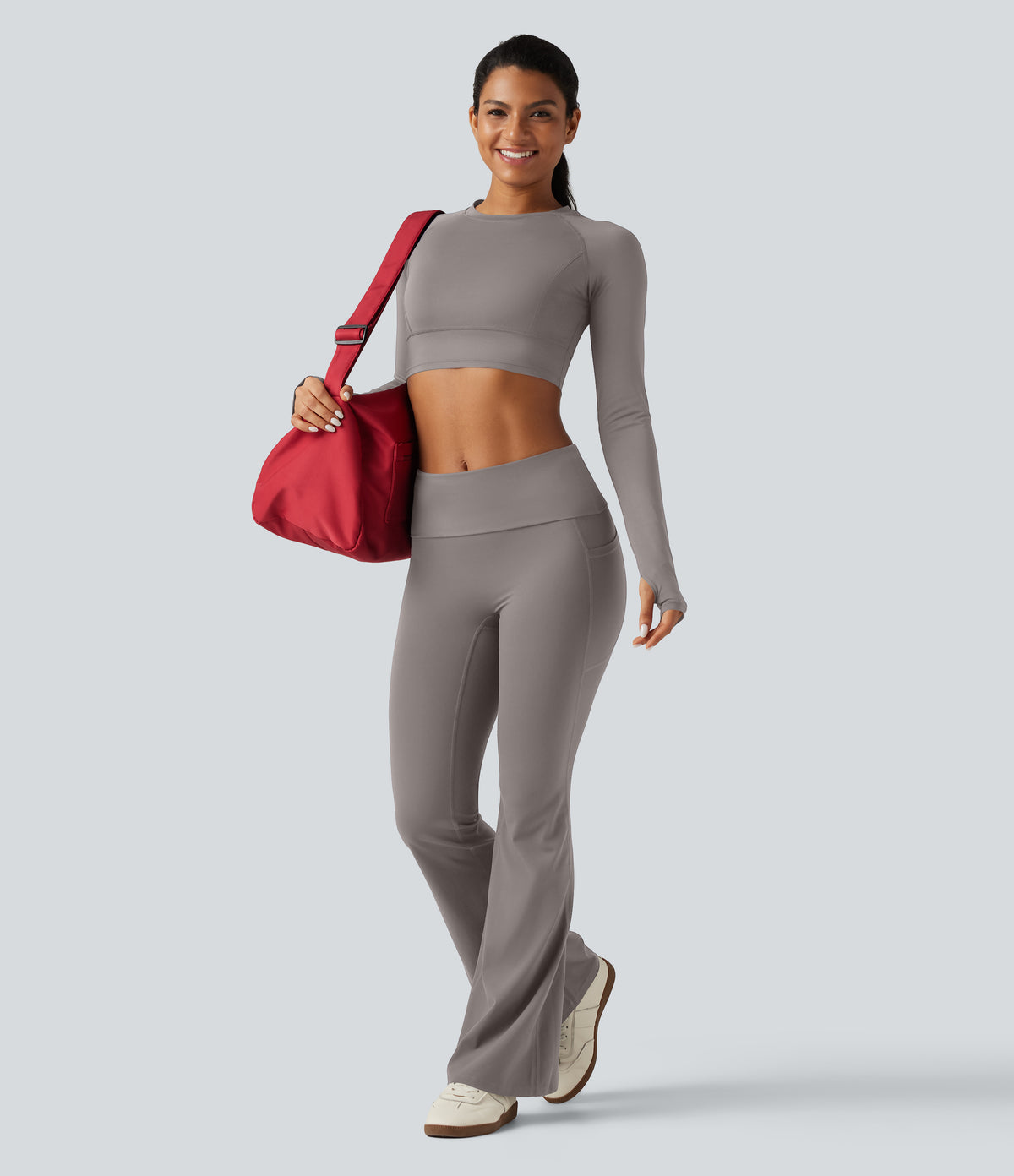 Mid Rise Foldover Flare Yoga Leggings with Pockets — Steel Gray — view 7