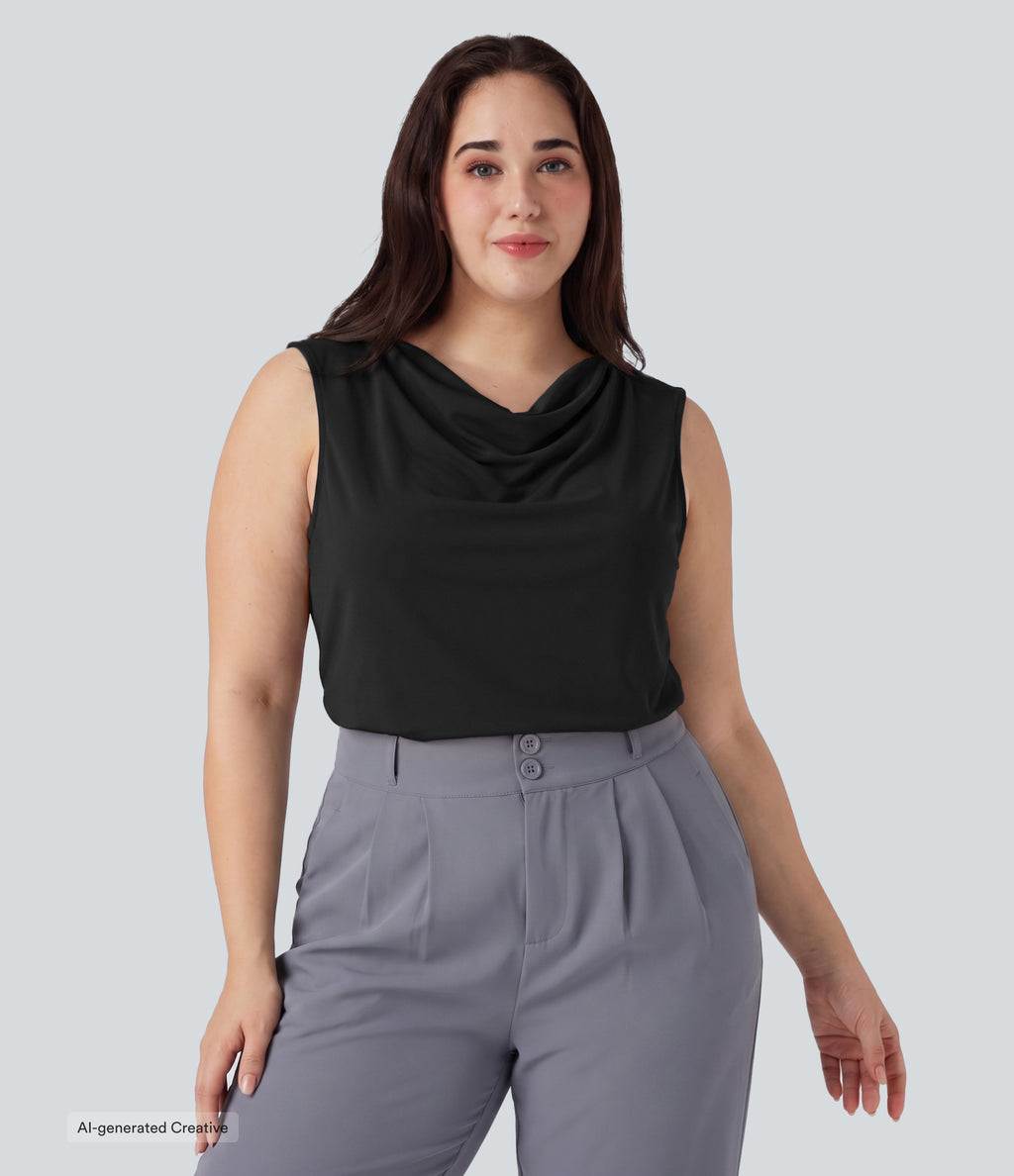 Plus Size Cowl Neck Sleeveless Work Blouse — Black — view 7