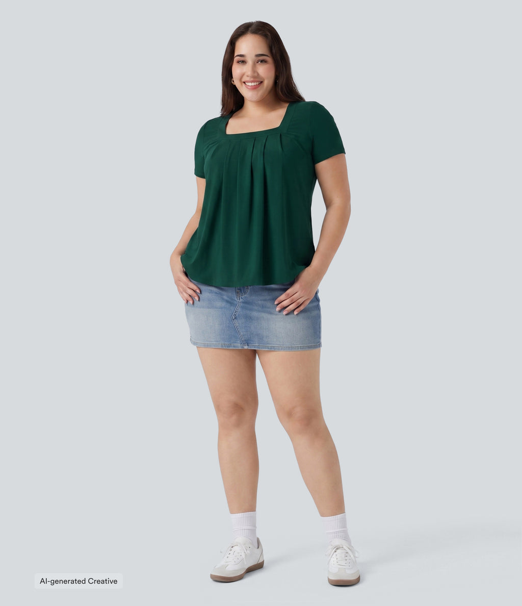 Plus Size Square Neck Short Sleeve Casual Blouse — Rain Forest — view 6