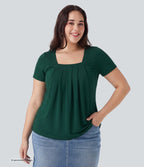Plus Size Square Neck Short Sleeve Casual Blouse — Rain Forest — view 5