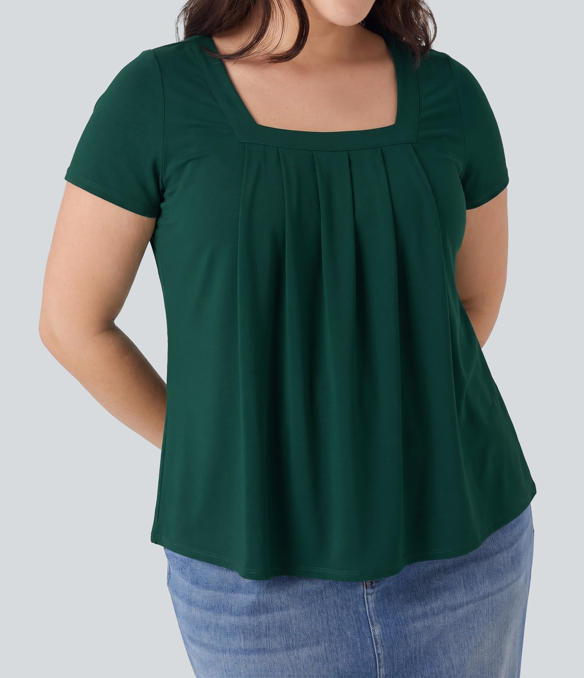 Plus Size Square Neck Short Sleeve Casual Blouse — Rain Forest — view 1