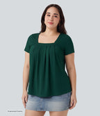 Plus Size Square Neck Short Sleeve Casual Blouse — Rain Forest — view 4