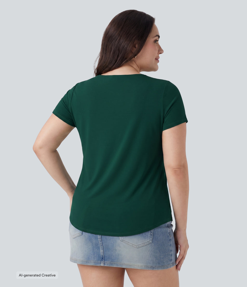 Plus Size Square Neck Short Sleeve Casual Blouse — Rain Forest — view 2