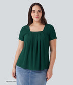 Plus Size Square Neck Short Sleeve Casual Blouse — Rain Forest — view 3