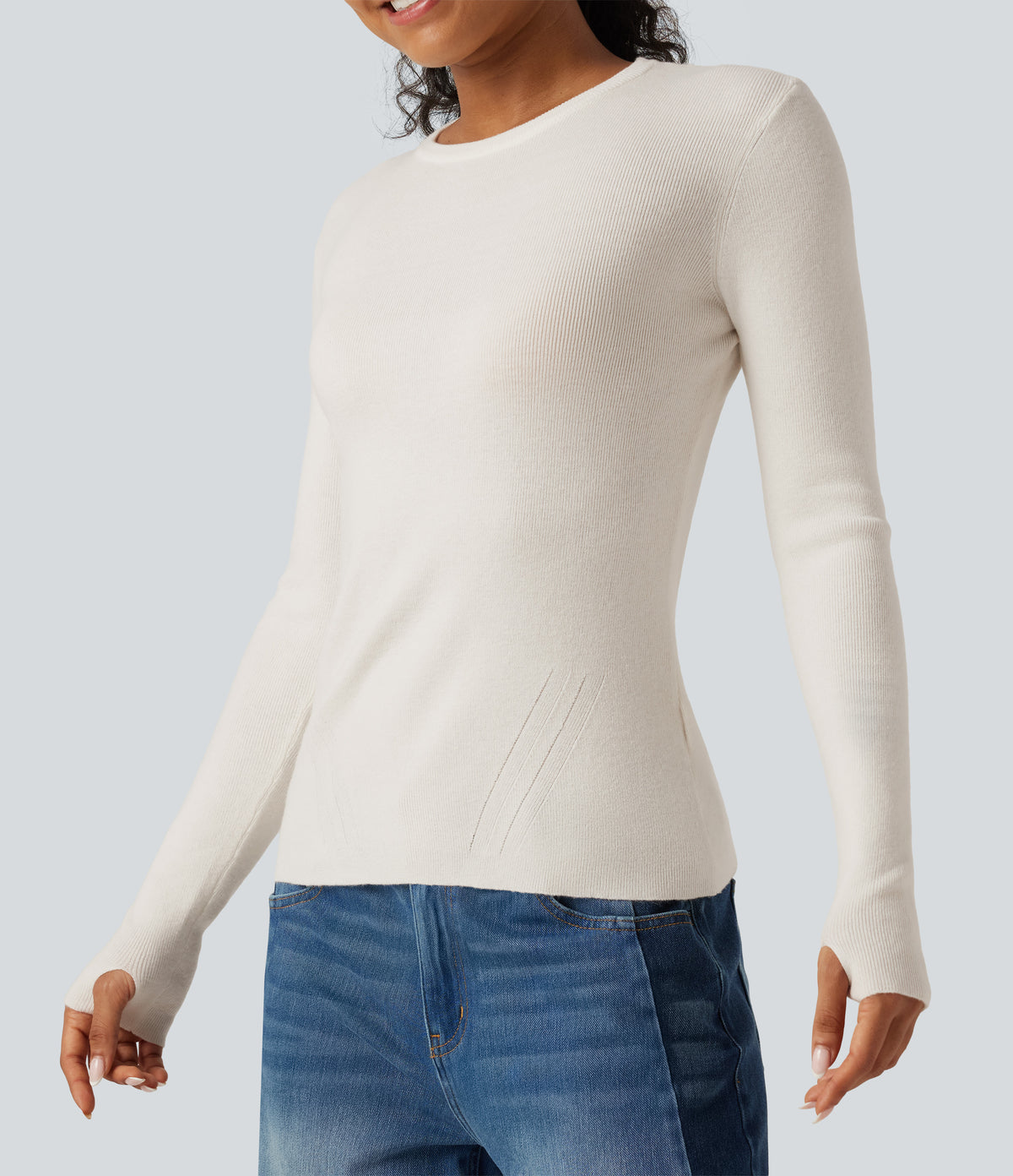 Round Neck Long Sleeve Thumb Hole Slim Work Jumper — White Down — view 6