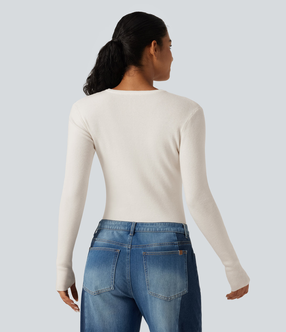 Round Neck Long Sleeve Thumb Hole Slim Work Jumper — White Down — view 2