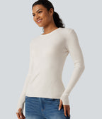 Round Neck Long Sleeve Thumb Hole Slim Work Jumper — White Down — view 5