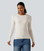 Round Neck Long Sleeve Thumb Hole Slim Work Jumper — White Down — view 4
