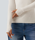 Round Neck Long Sleeve Thumb Hole Slim Work Jumper — White Down — view 7