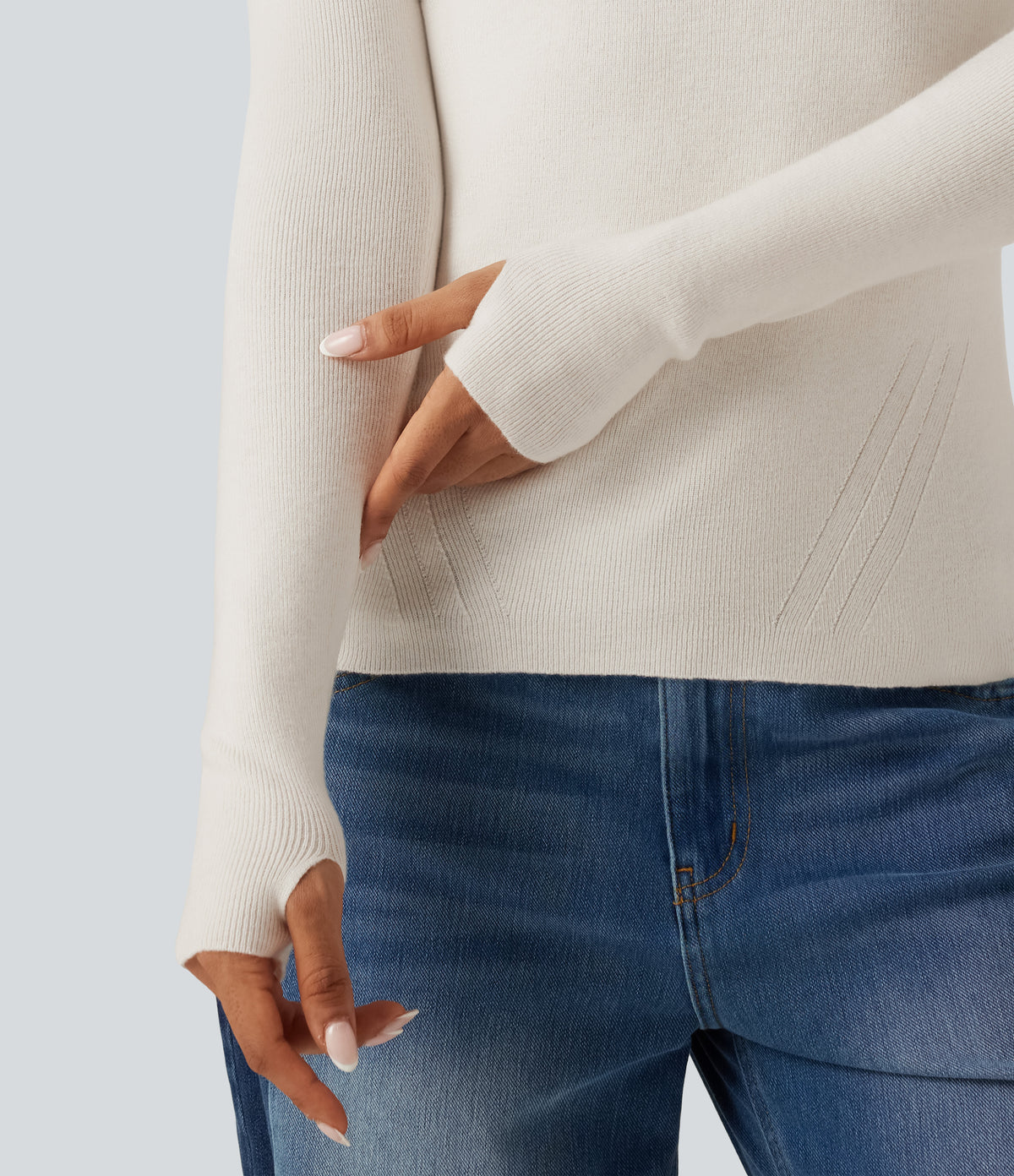 Round Neck Long Sleeve Thumb Hole Slim Work Jumper — White Down — view 7