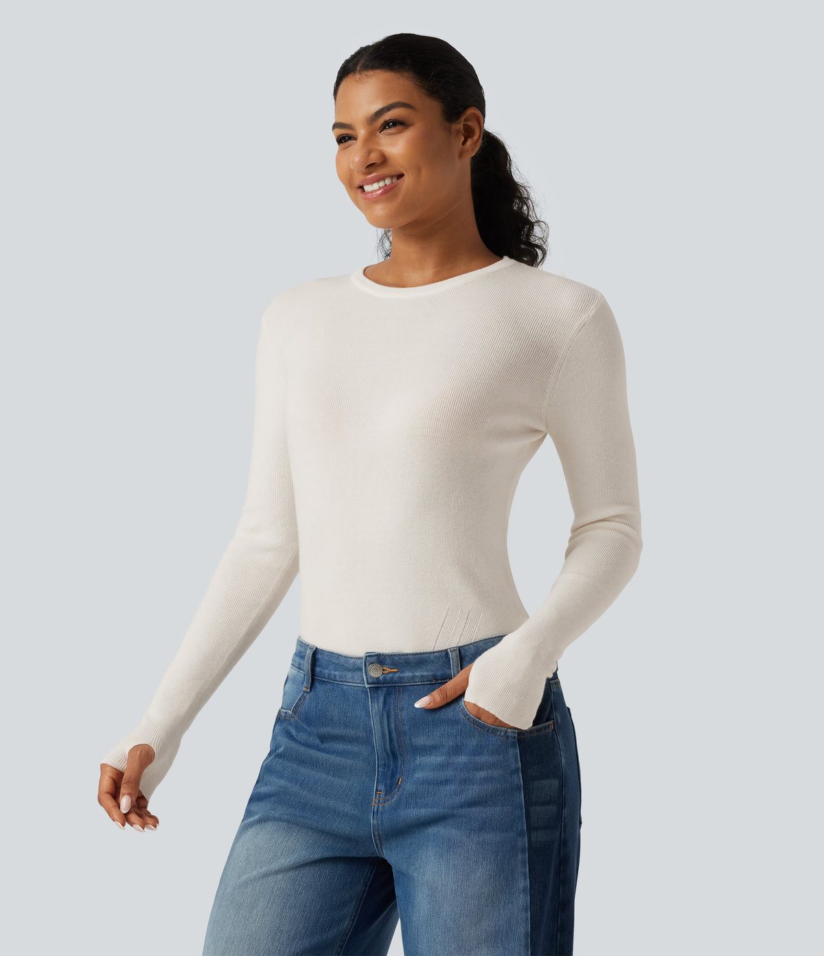 Round Neck Long Sleeve Thumb Hole Slim Work Jumper — White Down — view 3