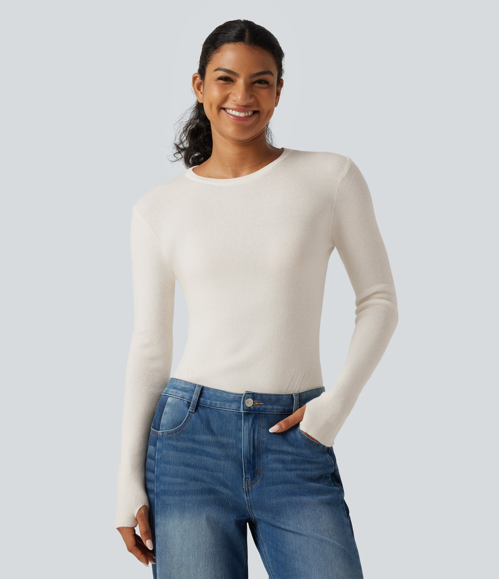 Round Neck Long Sleeve Thumb Hole Slim Work Jumper — White Down — view 1