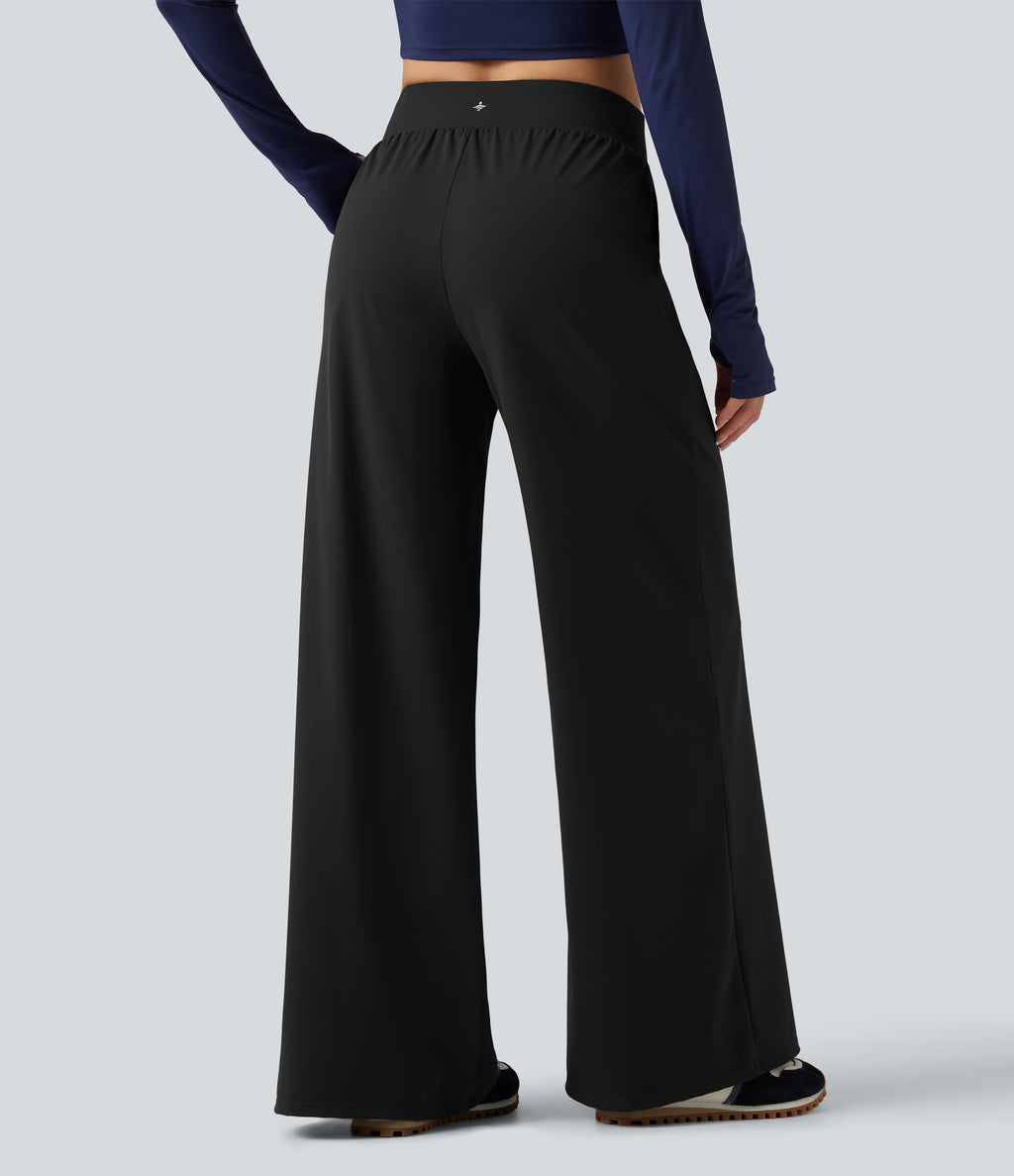 High Waisted Wide Leg Quick Dry InstantCool Dance Trousers with Pockets-UPF40+ — Black — view 2