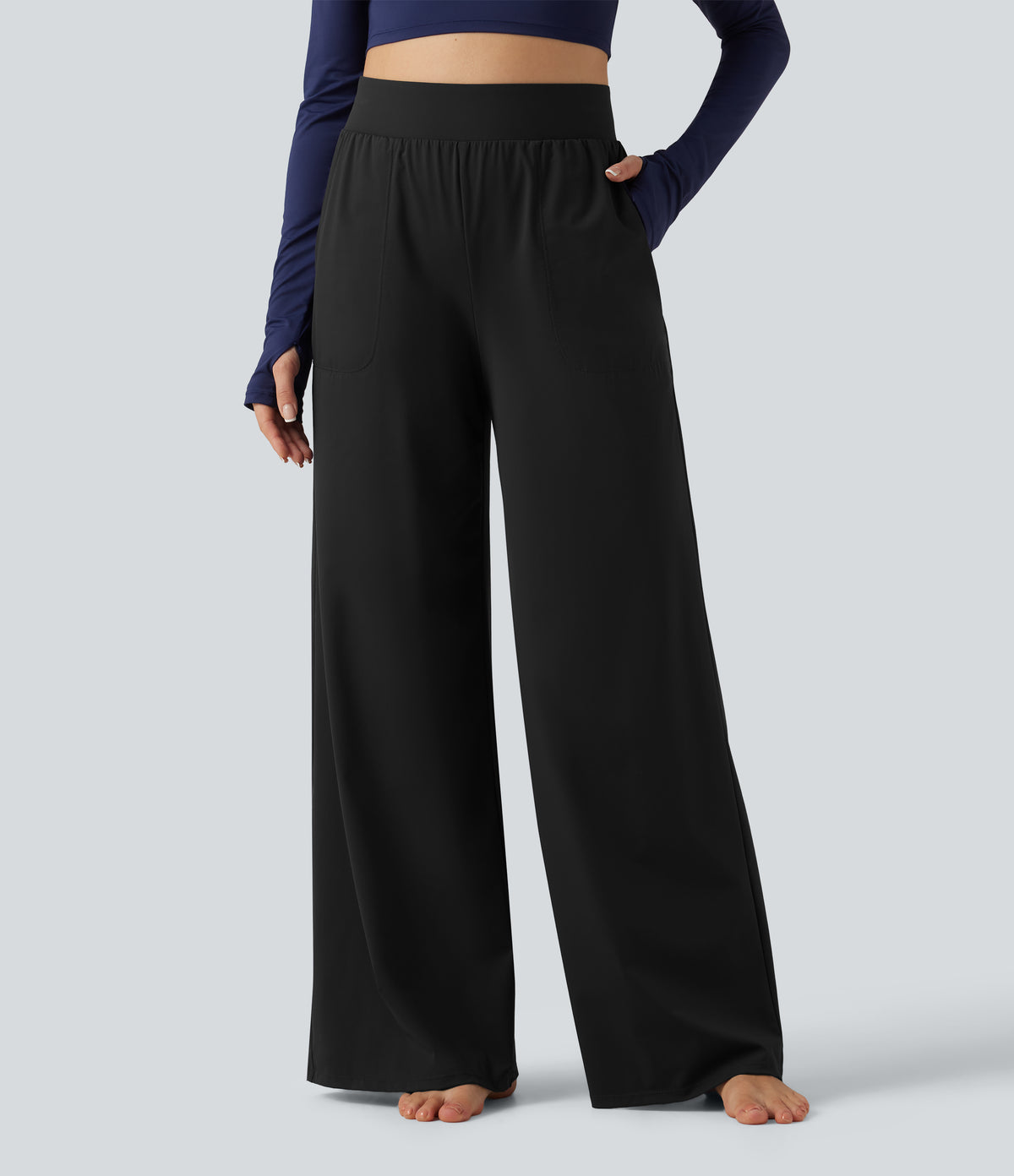 High Waisted Wide Leg Quick Dry InstantCool Dance Trousers with Pockets-UPF40+ — Black — view 4