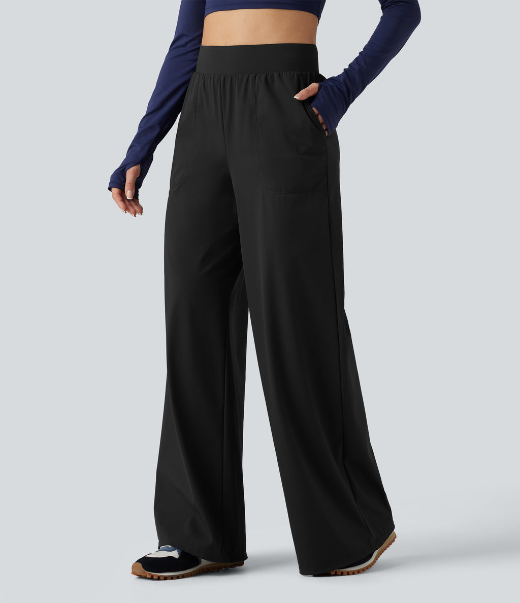 High Waisted Wide Leg Quick Dry InstantCool Dance Trousers with Pockets-UPF40+ — Black — view 3