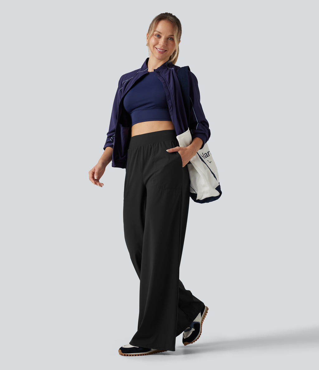 High Waisted Wide Leg Quick Dry InstantCool Dance Trousers with Pockets-UPF40+ — Black — view 8