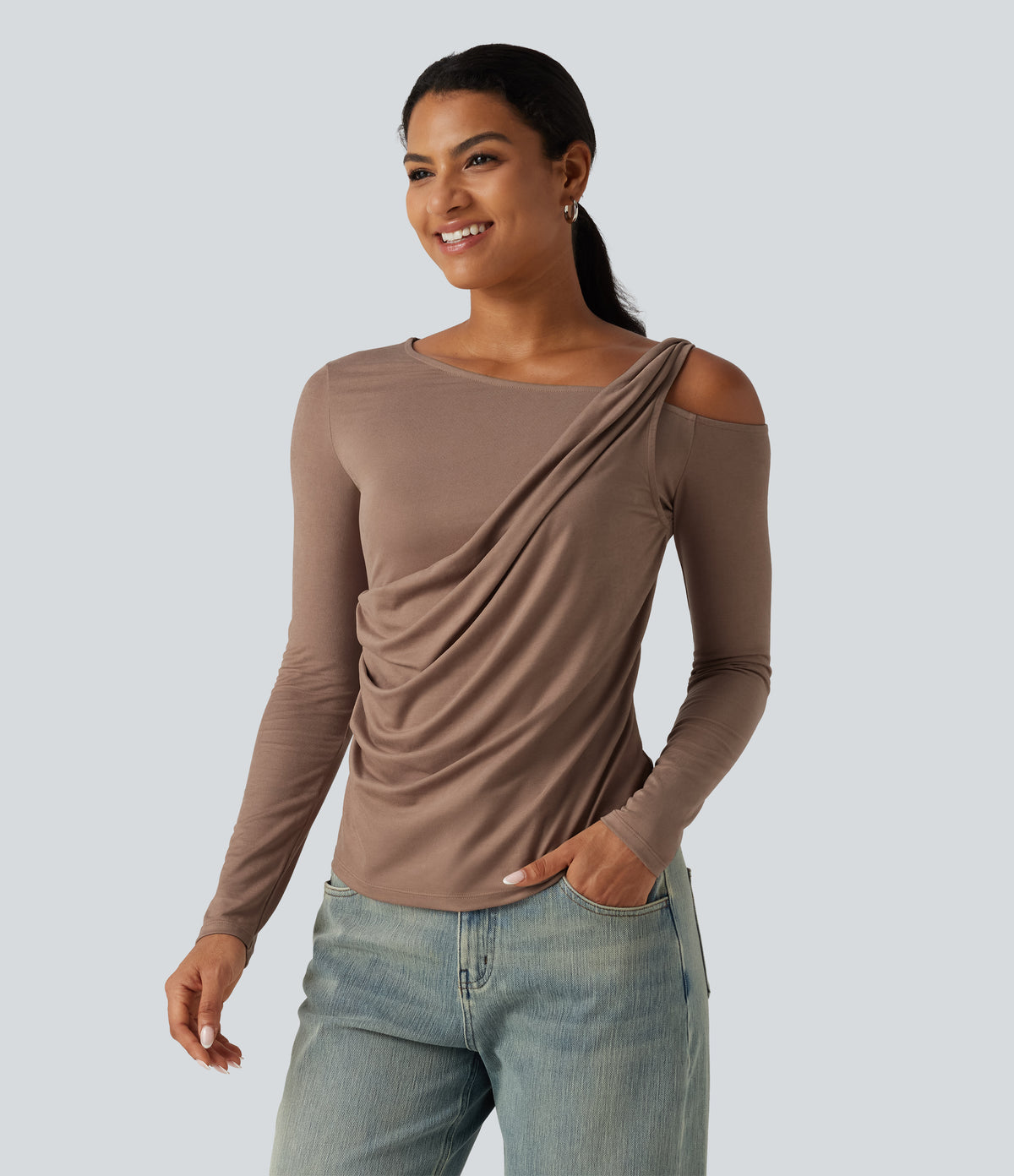 One Shoulder Long Sleeve Ruched Asymmetric Back Casual T-Shirt — Praline — view 3