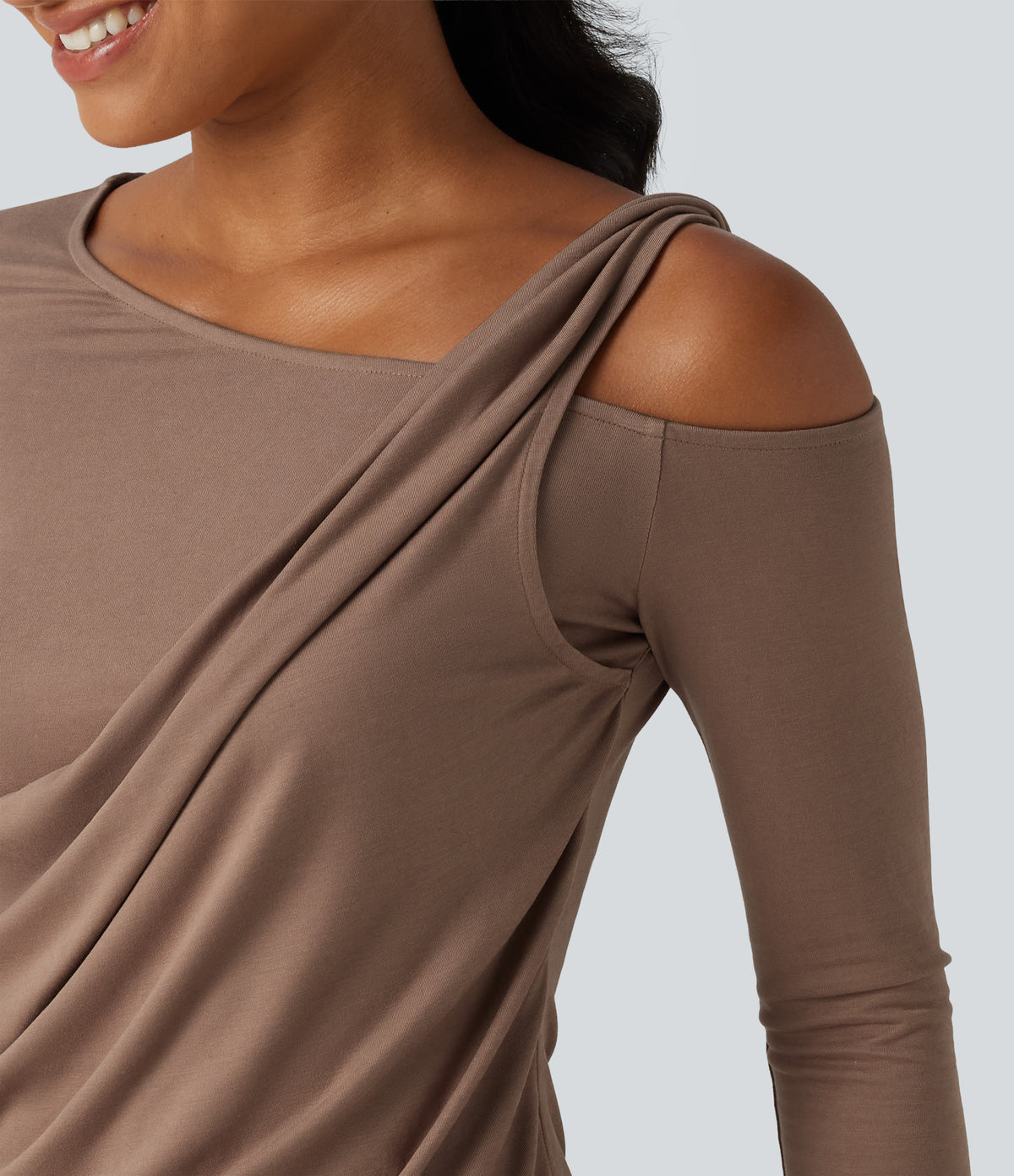 One Shoulder Long Sleeve Ruched Asymmetric Back Casual T-Shirt — Praline — view 5