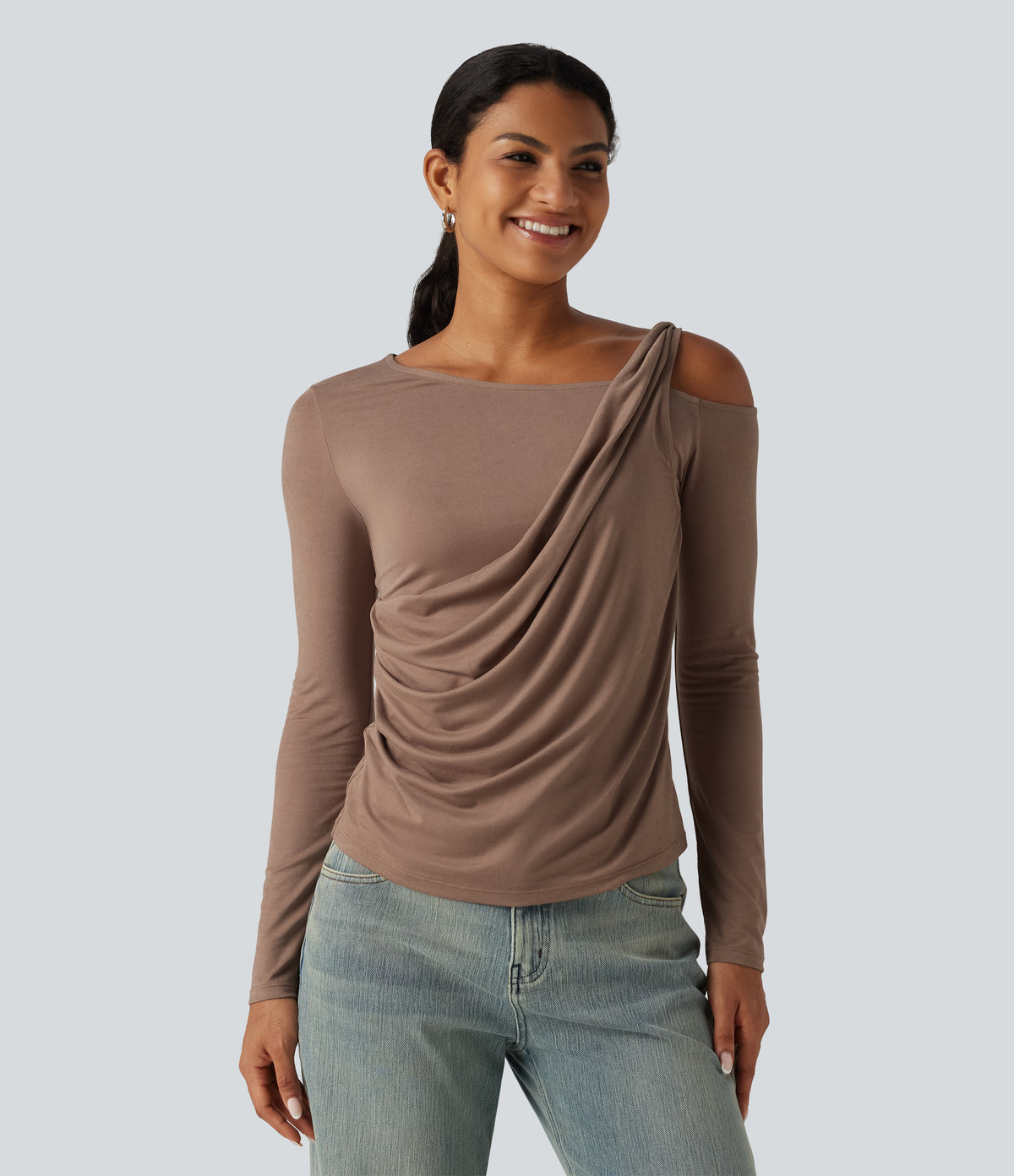 One Shoulder Long Sleeve Ruched Asymmetric Back Casual T-Shirt — Praline — view 4