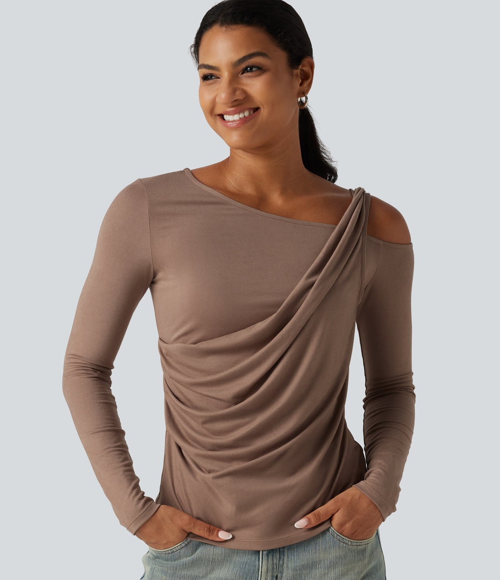 One Shoulder Long Sleeve Ruched Asymmetric Back Casual T-Shirt — Praline — view 1