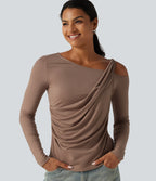One Shoulder Long Sleeve Ruched Asymmetric Back Casual T-Shirt — Praline — view 1