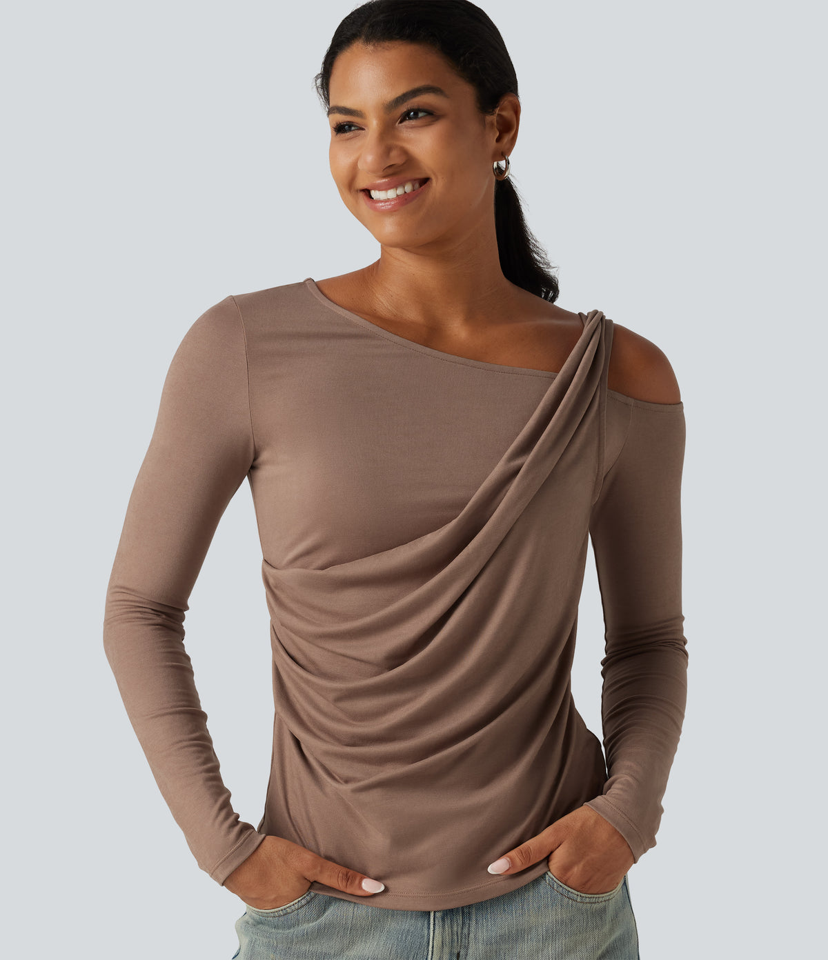 One Shoulder Long Sleeve Ruched Asymmetric Back Casual T-Shirt — Praline — view 1