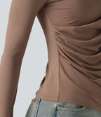 One Shoulder Long Sleeve Ruched Asymmetric Back Casual T-Shirt — Praline — view 6