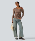 One Shoulder Long Sleeve Ruched Asymmetric Back Casual T-Shirt — Praline — view 8