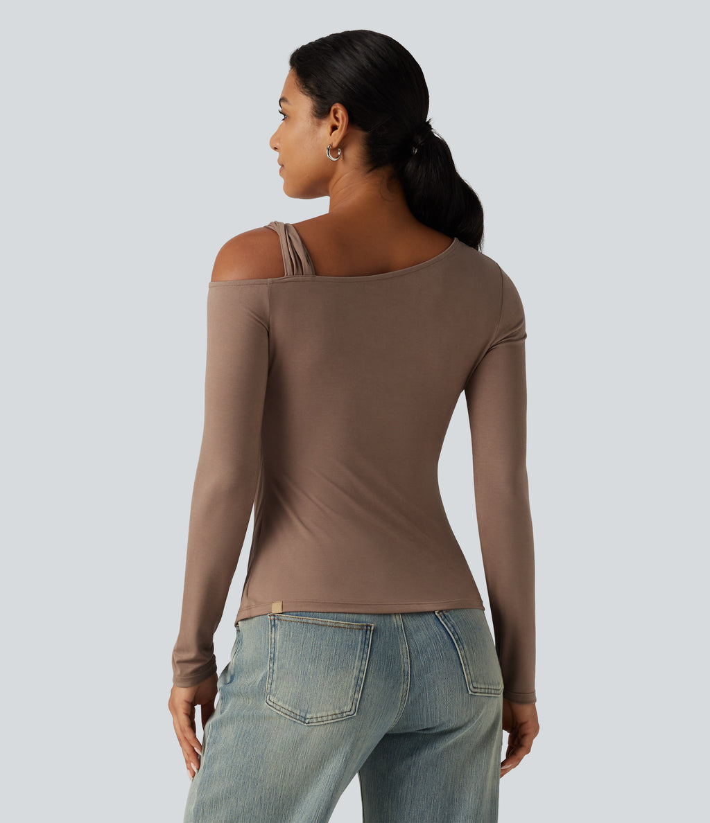 One Shoulder Long Sleeve Ruched Asymmetric Back Casual T-Shirt — Praline — view 2