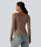 One Shoulder Long Sleeve Ruched Asymmetric Back Casual T-Shirt — Praline — view 2