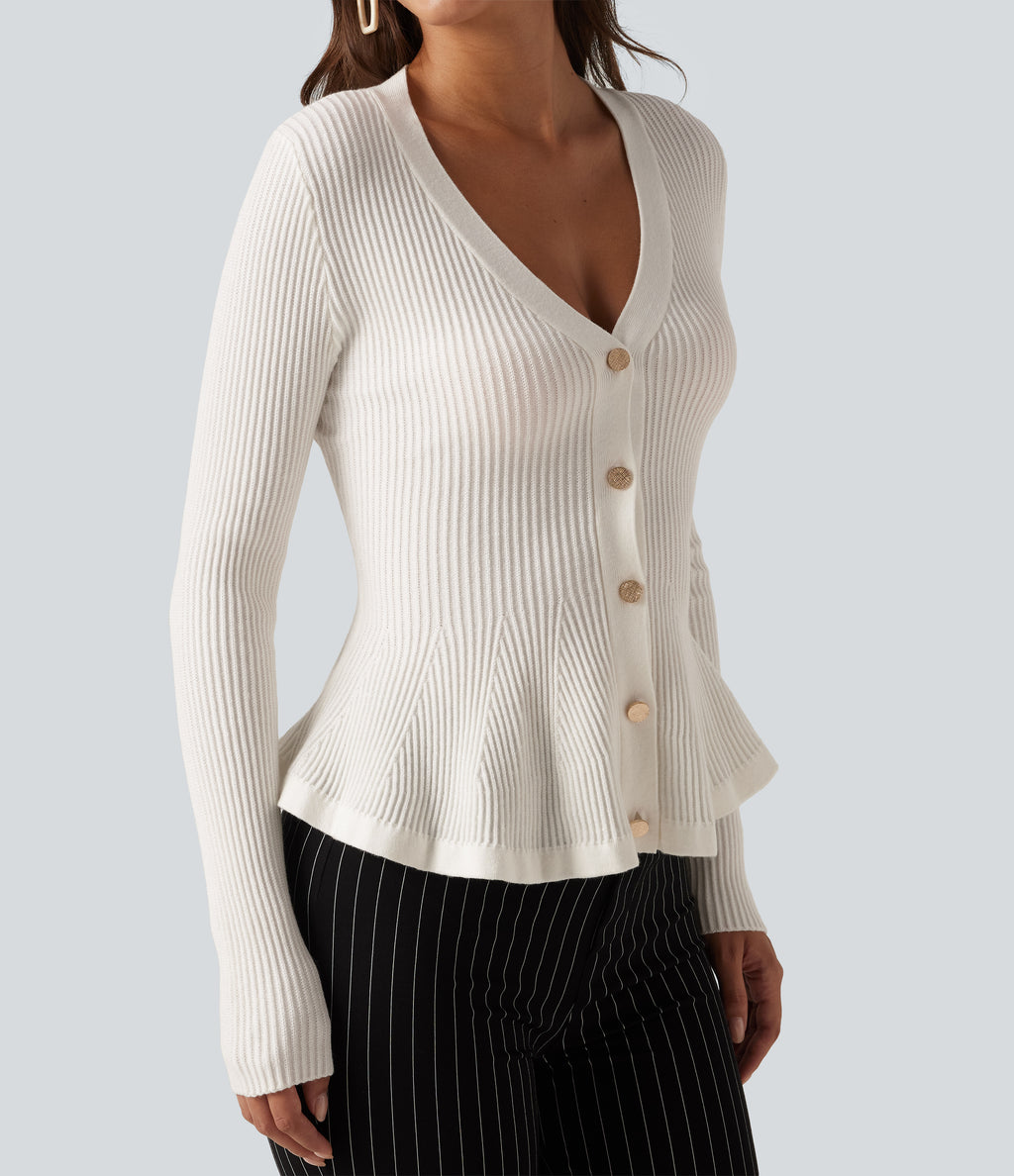 V Neck Long Sleeve Ruffle Hem Slim Work Cardigan — Sugar Swizzle — view 6