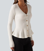 V Neck Long Sleeve Ruffle Hem Slim Work Cardigan — Sugar Swizzle — view 6