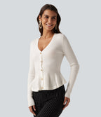 V Neck Long Sleeve Ruffle Hem Slim Work Cardigan — Sugar Swizzle — view 3