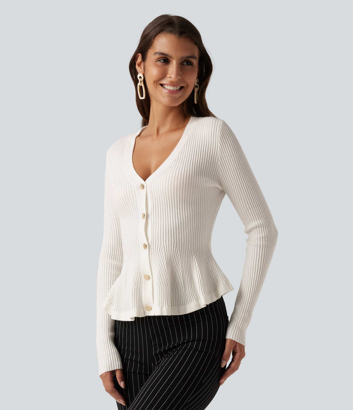 V Neck Long Sleeve Ruffle Hem Slim Work Cardigan — Sugar Swizzle — view 3